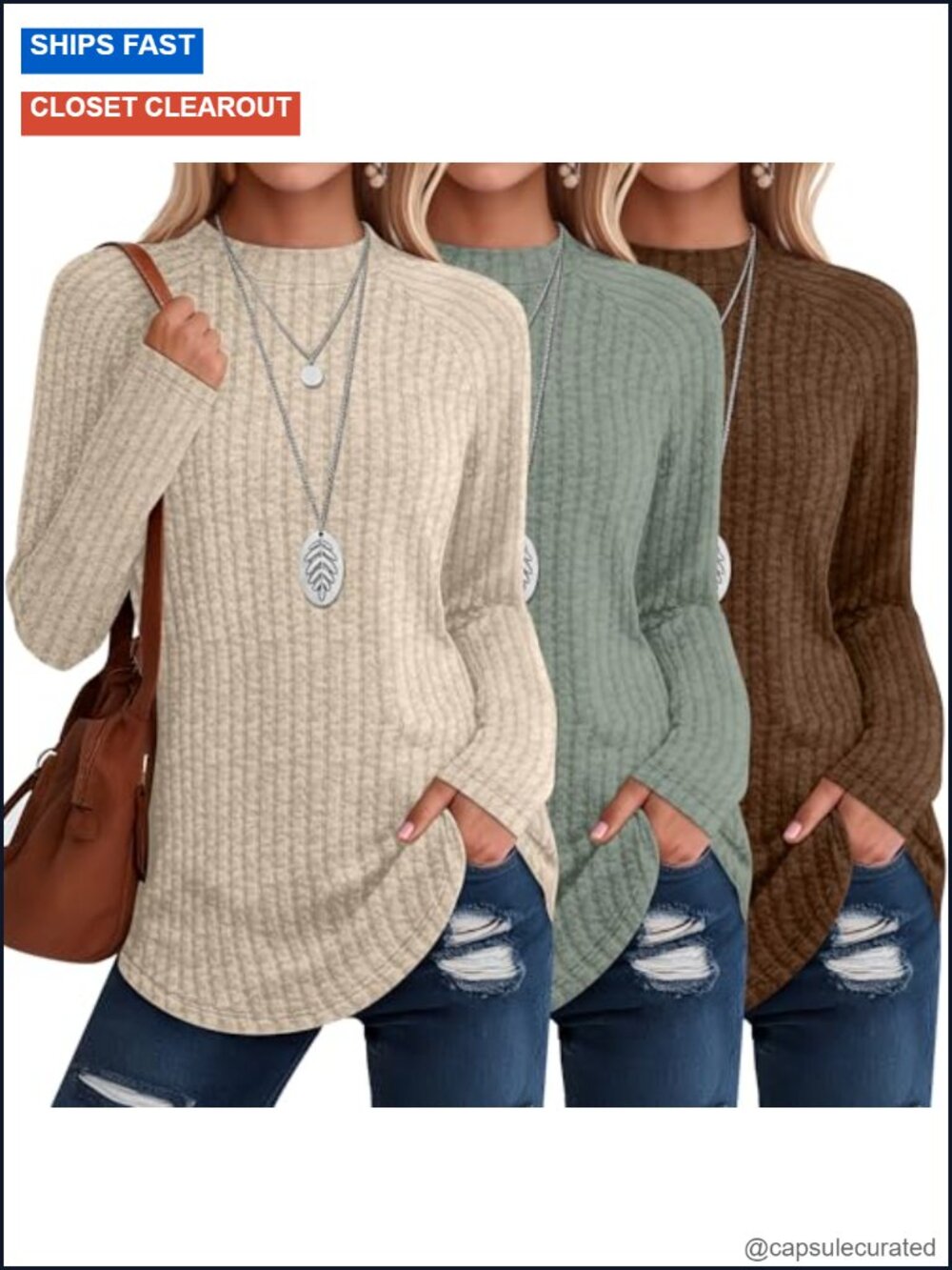 3 Pack Women's Mock Turtleneck Long Sleeve Ribbed Knit Tunic